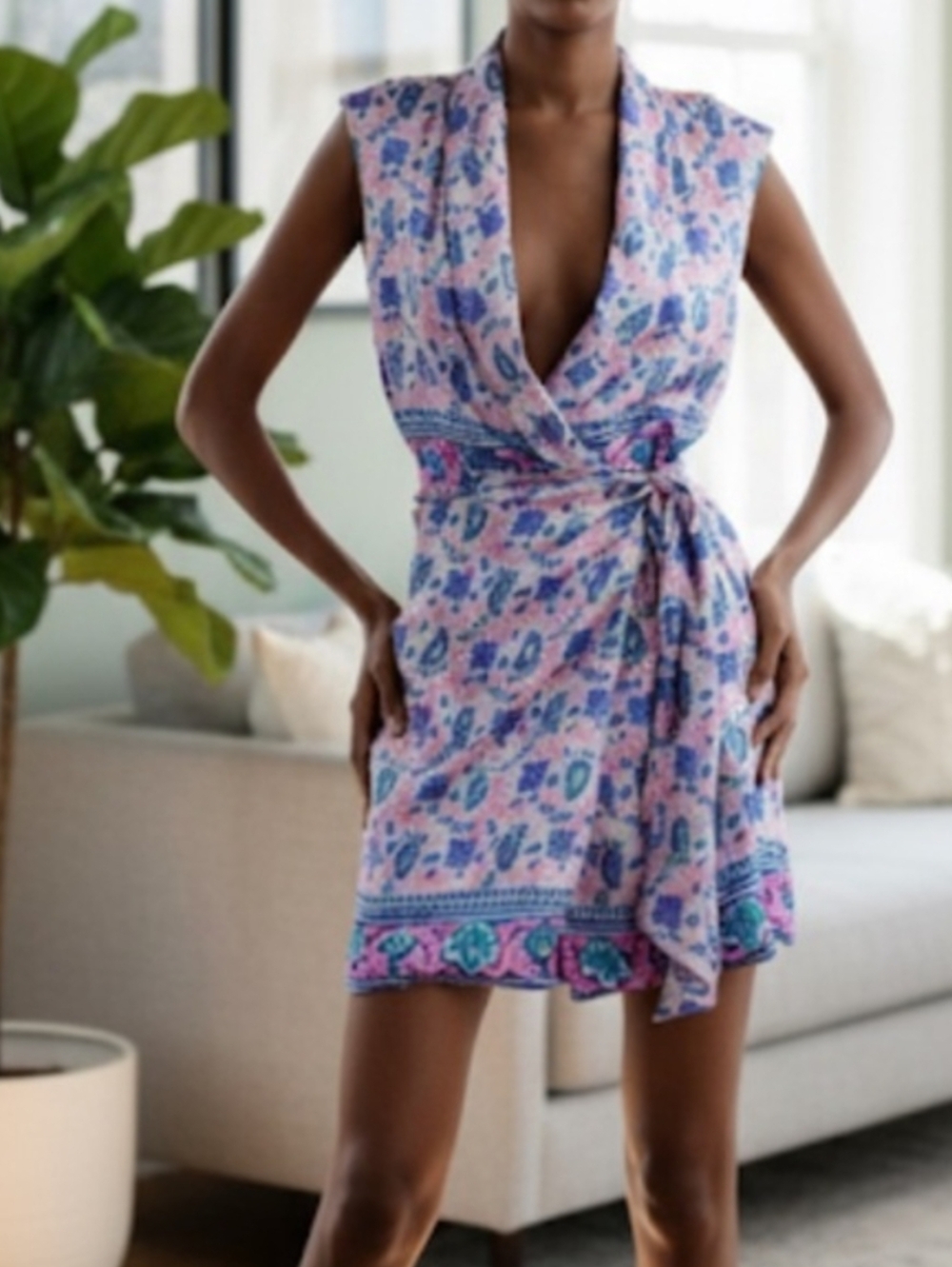 Zara Purple Paisley Floral Sleeveless Wrap Mini Sundress M
